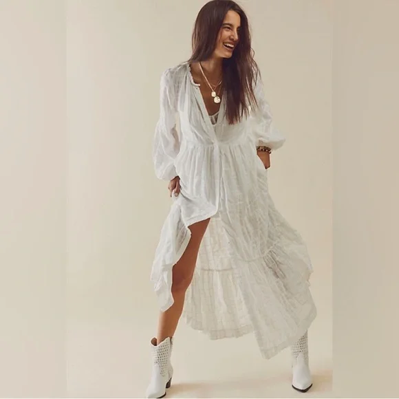 FREE PEOPLE maxi tired white Edie dress button down sz small - Picture 6 of 16